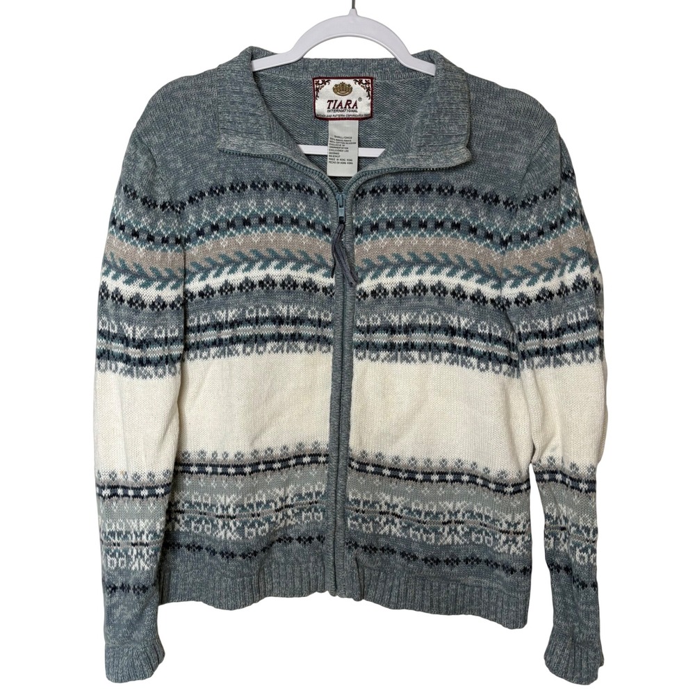 Vtg Tiara International Fair Isle Sweater S Gray Y2K Zip Cardigan Cottagecore